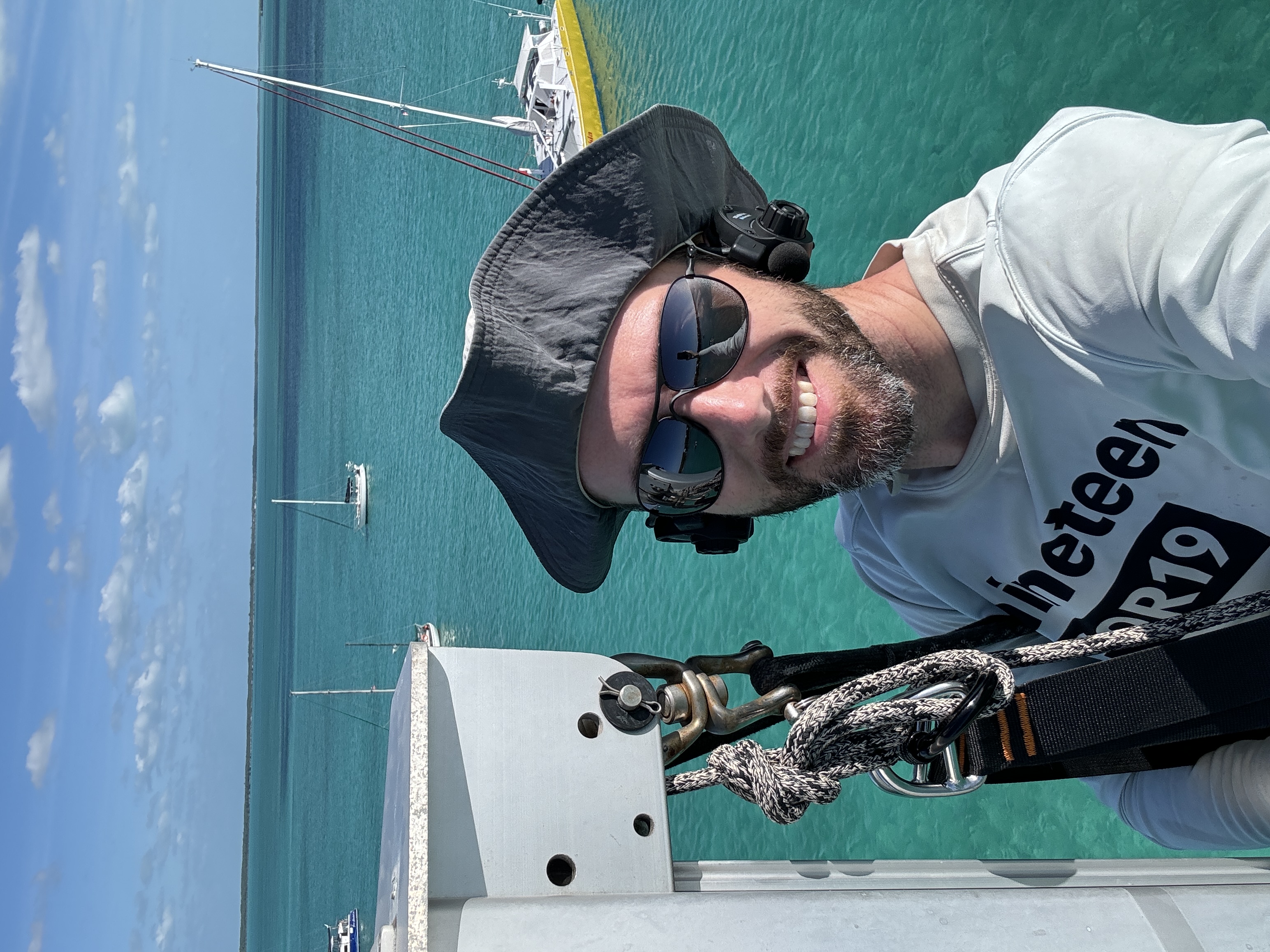 Much easier to check rigging when anchored rather than at sea!