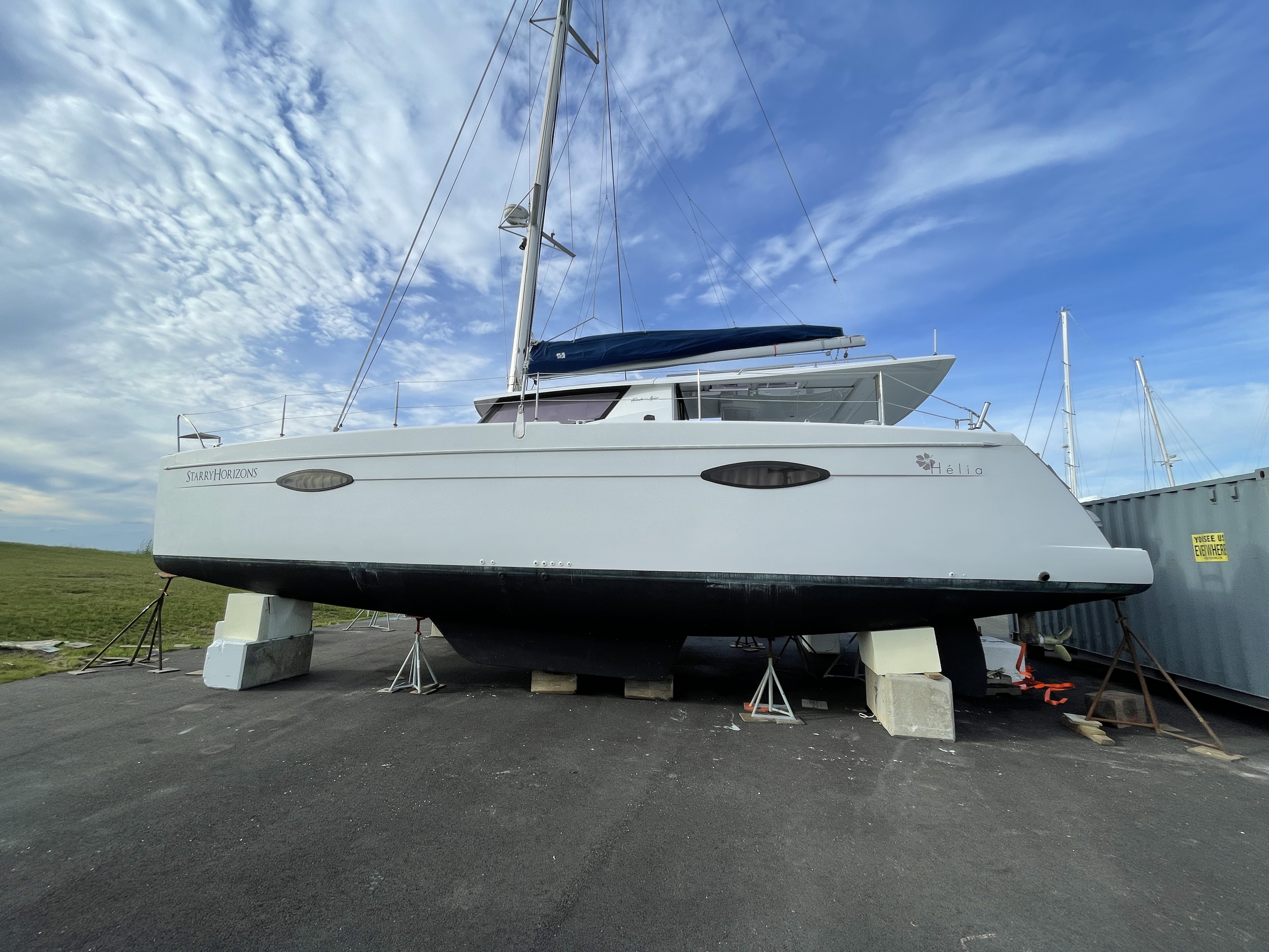 Catamaran stored on the hard